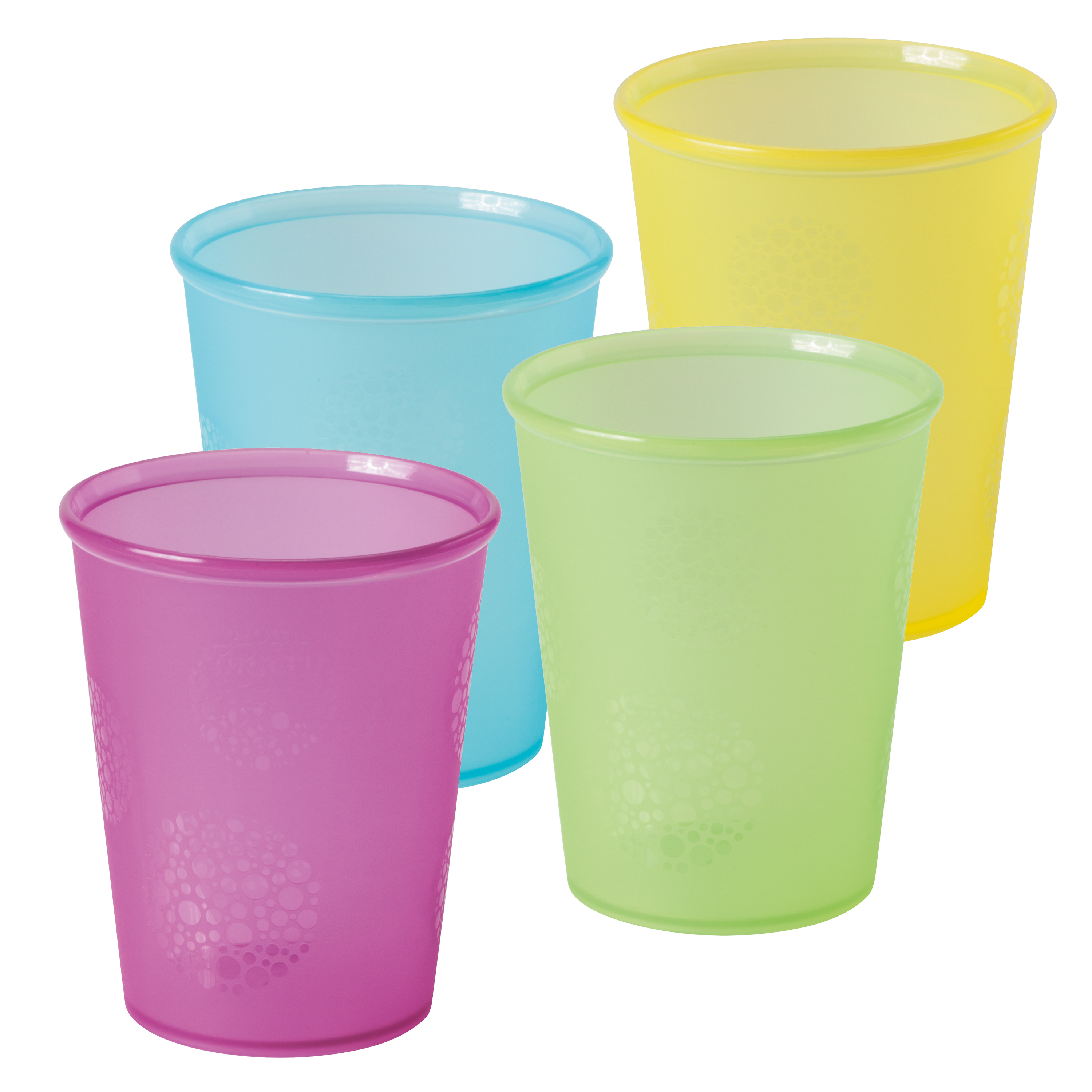 4 Kunststoff Trinkbecher in pink, gelb, blau und grün