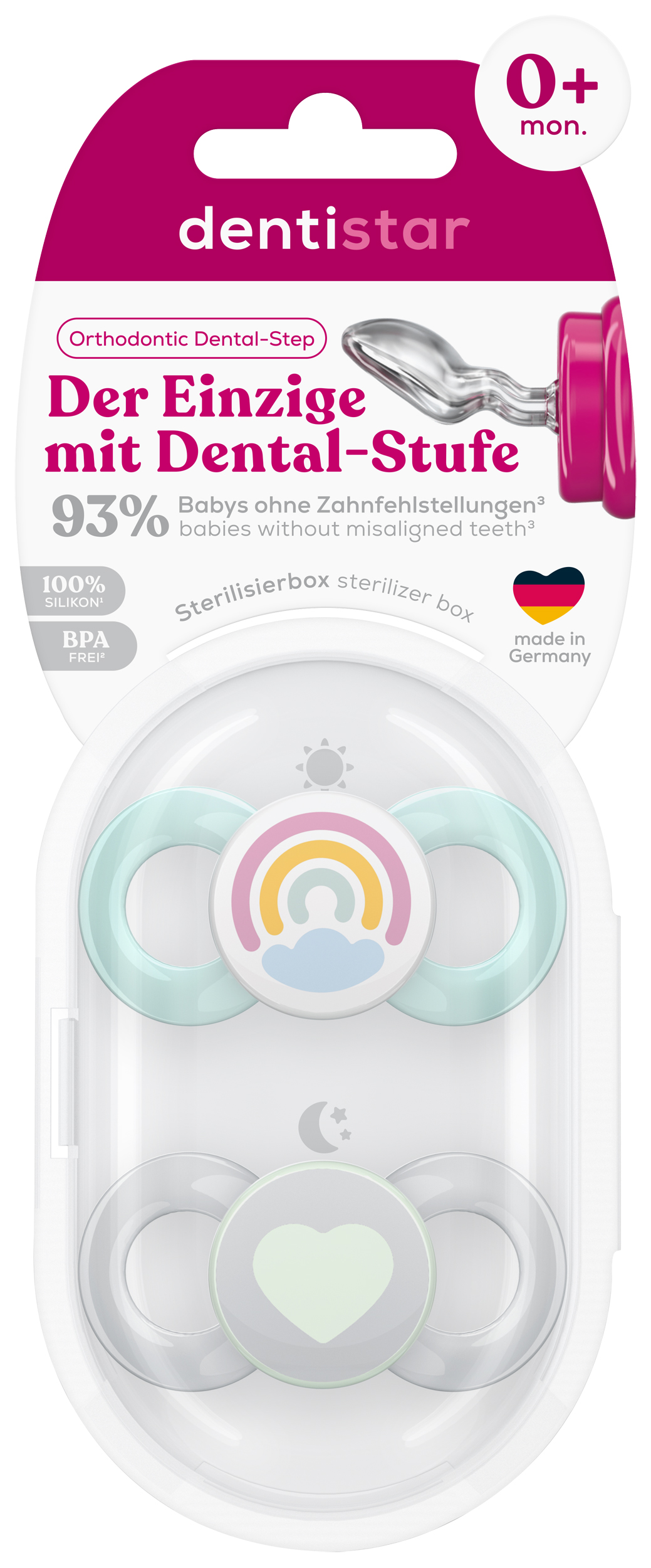 Gr. 1 Schnuller 2er Set mit Steri Box - Regenbogen & Herz