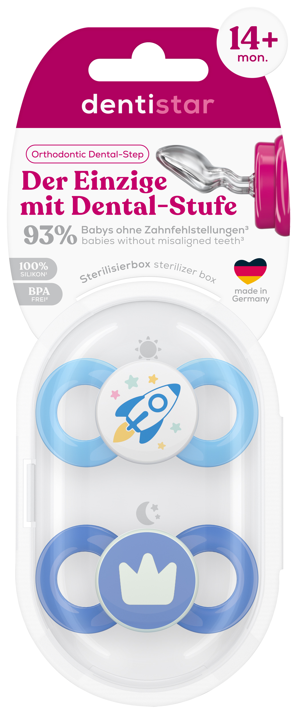 Gr. 3 Schnuller 2er Set mit Steri Box - Rakete & Krone