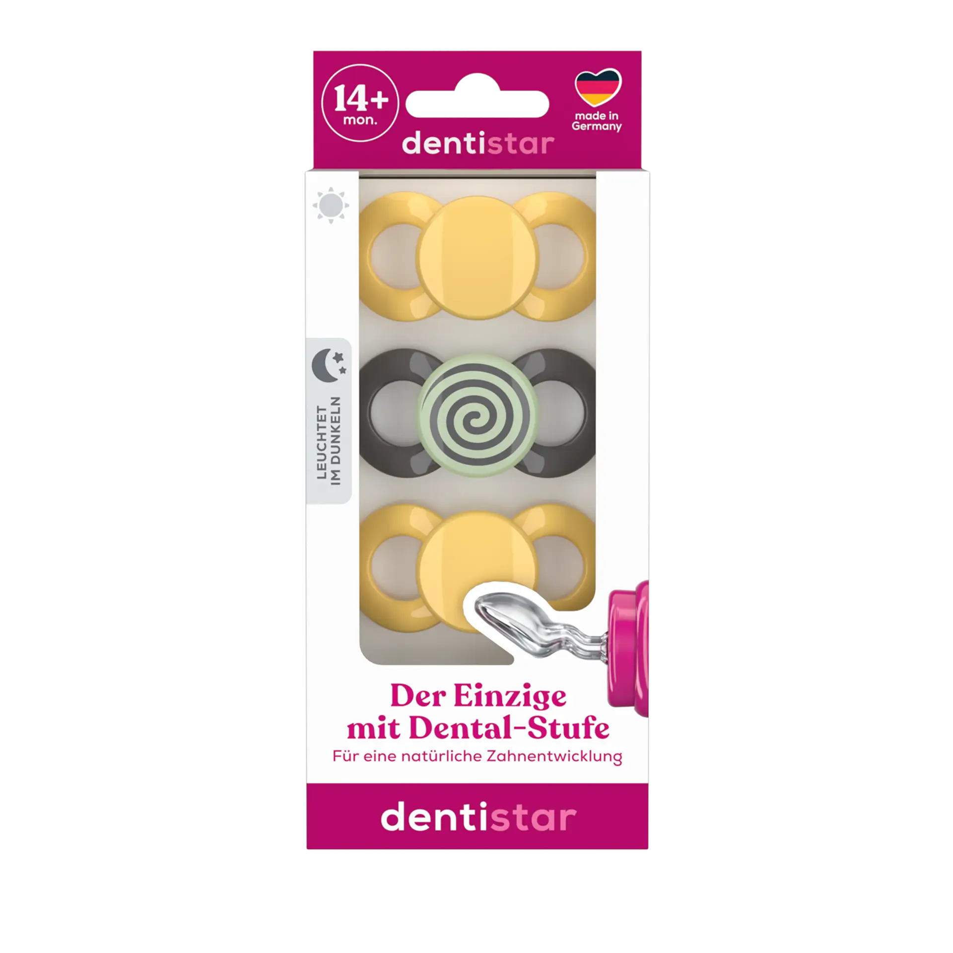 Gelb & Graues Dentistar Tag & Nacht Schnullerset, 3er Set, +14 Monate