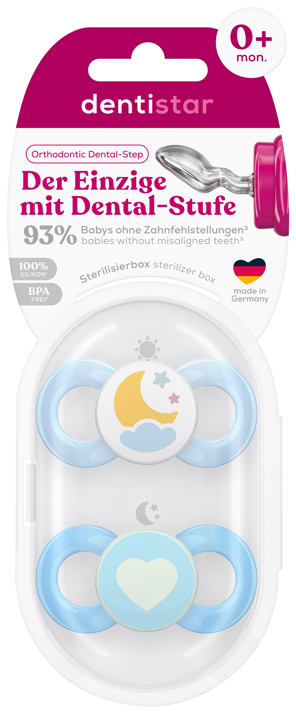 Gr. 1 Schnuller 2er Set mit Steri Box - Mond & Herz Blau