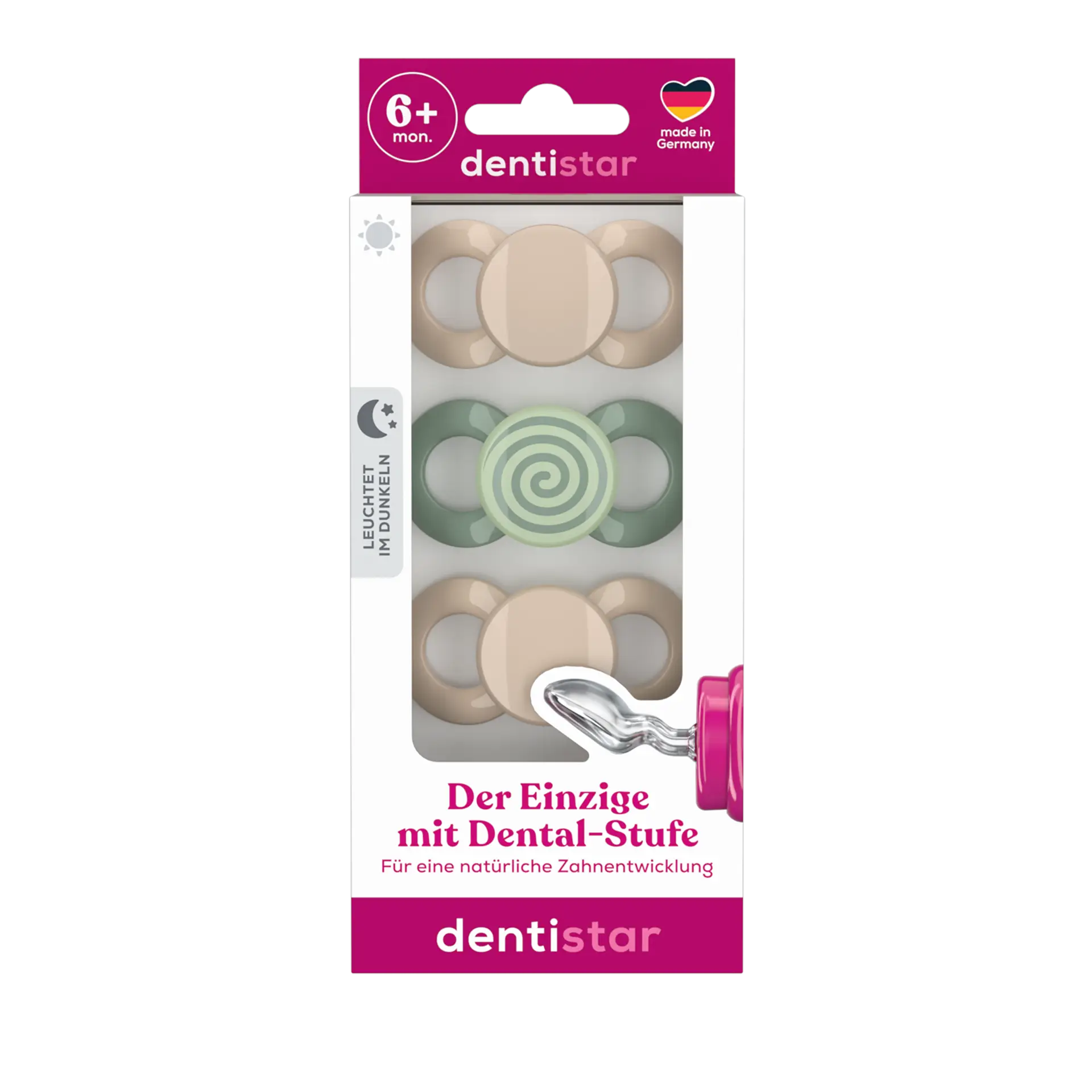 Dentistar day & night pacifier, green and beige, set of 3, 6 - 14 months