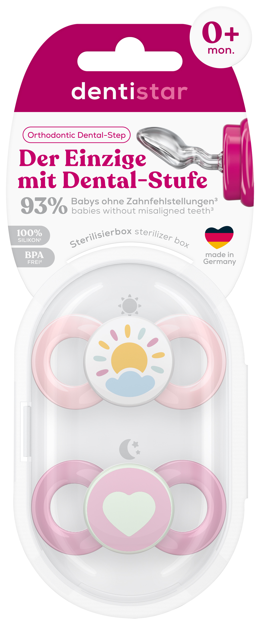 Gr. 1 Schnuller 2er Set mit Steri Box - Mond & Herz Rosa