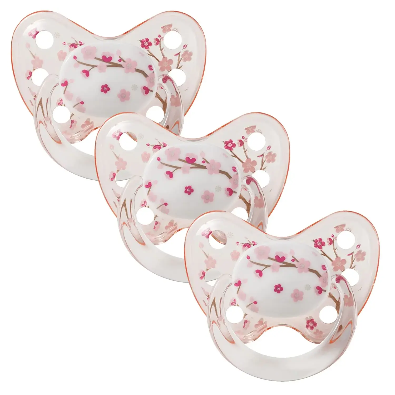 Rosa Schnuller mit Kirschblüten Design das über die Mundplatte geht